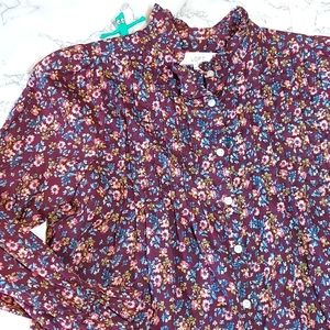 LOFT Burgandy Floral Calico Cotton Top With Ruffles, size XSP